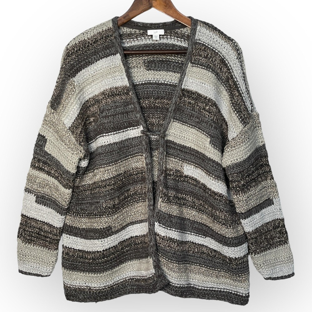 J. Jill Cardigan Sweater Womens Medium Petite Grey Striped Chunky Knit Excellent